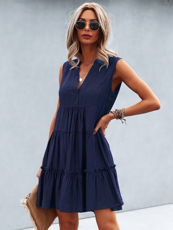 Women's Solid Color V - Neck Sleeveless Dress - Day Dress