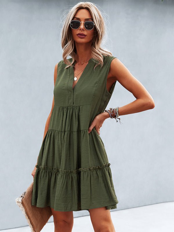 Women's Solid Color V - Neck Sleeveless Dress - Day Dress