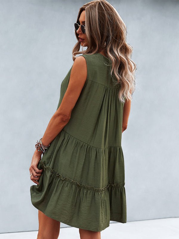 Women's Solid Color V - Neck Sleeveless Dress - Day Dress