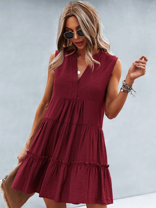 Women's Solid Color V - Neck Sleeveless Dress - Day Dress
