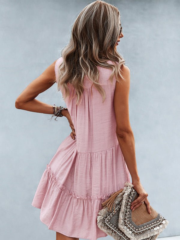 Women's Solid Color V - Neck Sleeveless Dress - Day Dress