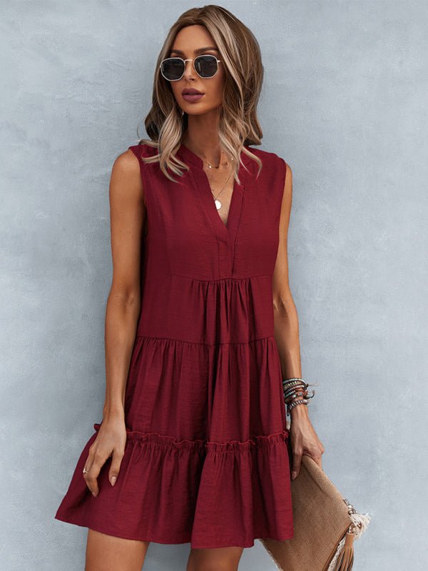 Women's Solid Color V - Neck Sleeveless Dress - Day Dress