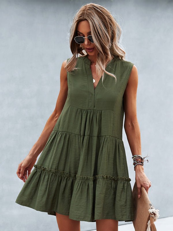 Women's Solid Color V - Neck Sleeveless Dress - Day Dress