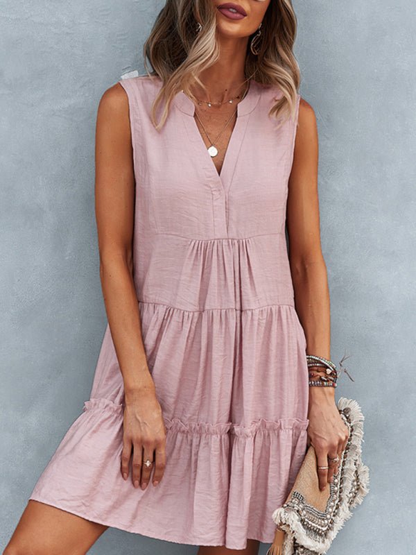 Women's Solid Color V - Neck Sleeveless Dress - Day Dress