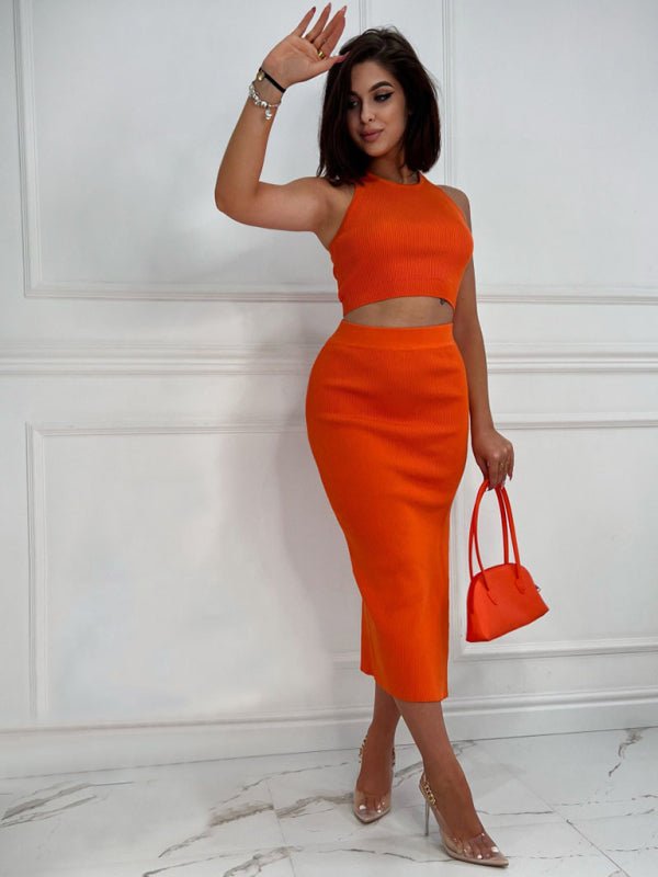 Women's Solid Color Vest Top Slim Fit Slit Skirt Two Piece Set - Skirt Suit