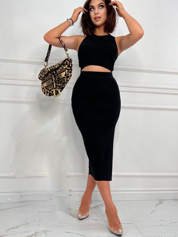Women's Solid Color Vest Top Slim Fit Slit Skirt Two Piece Set - Skirt Suit