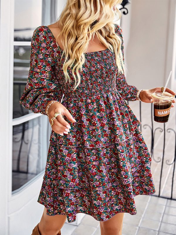 Women's Square Neck Long Sleeve Printed Cake Dress - Day Dress