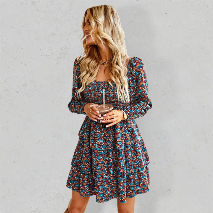 Women's Square Neck Long Sleeve Printed Cake Dress - Day Dress