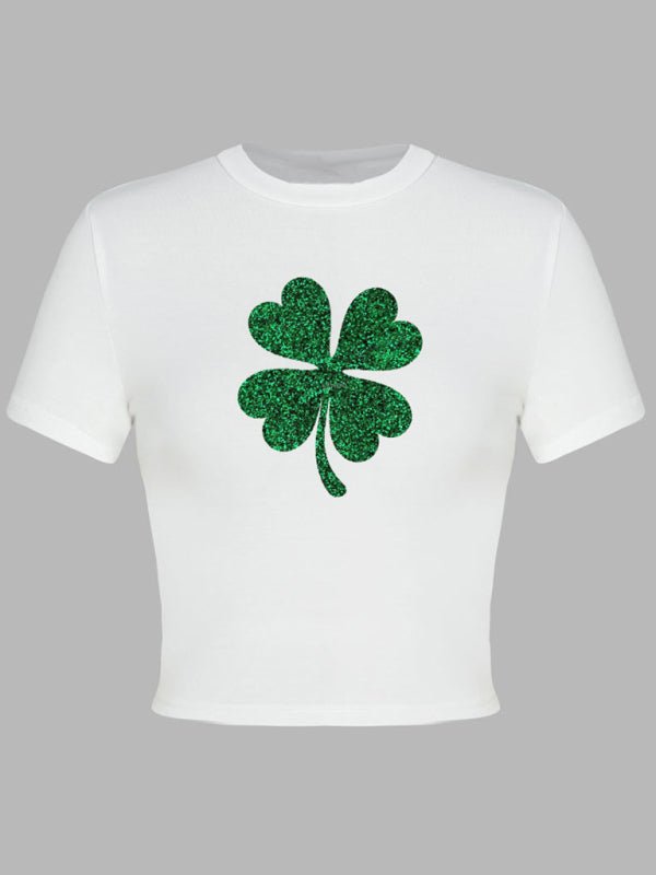 Women's St. Patrick's Day Green Leaf Print Round Neck Short T-Shirt (Multiple Pictures Available) - Top