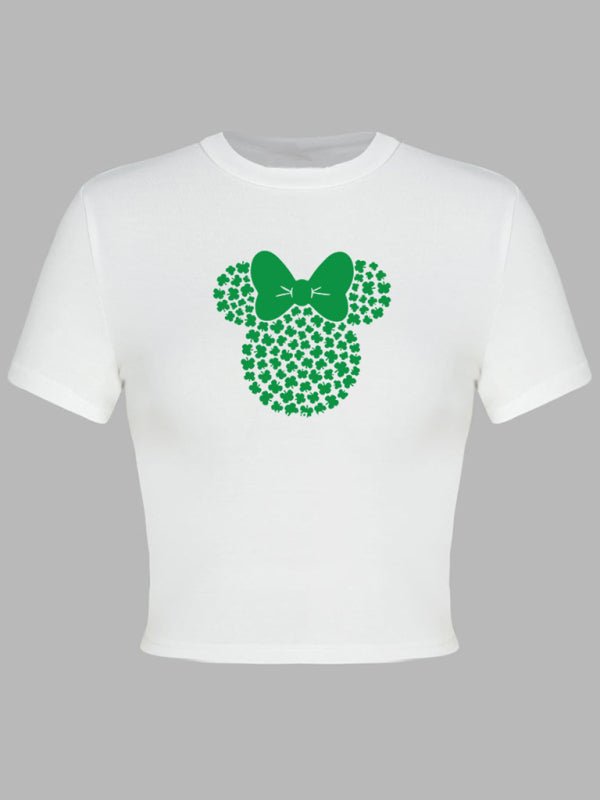 Women's St. Patrick's Day Green Leaf Print Round Neck Short T-Shirt (Multiple Pictures Available) - Top