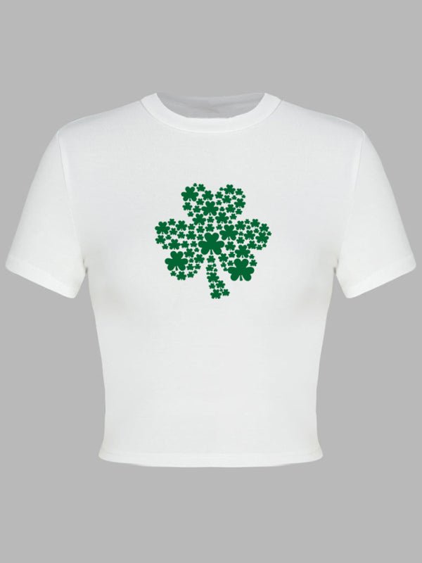 Women's St. Patrick's Day Green Leaf Print Round Neck Short T-Shirt (Multiple Pictures Available) - Top