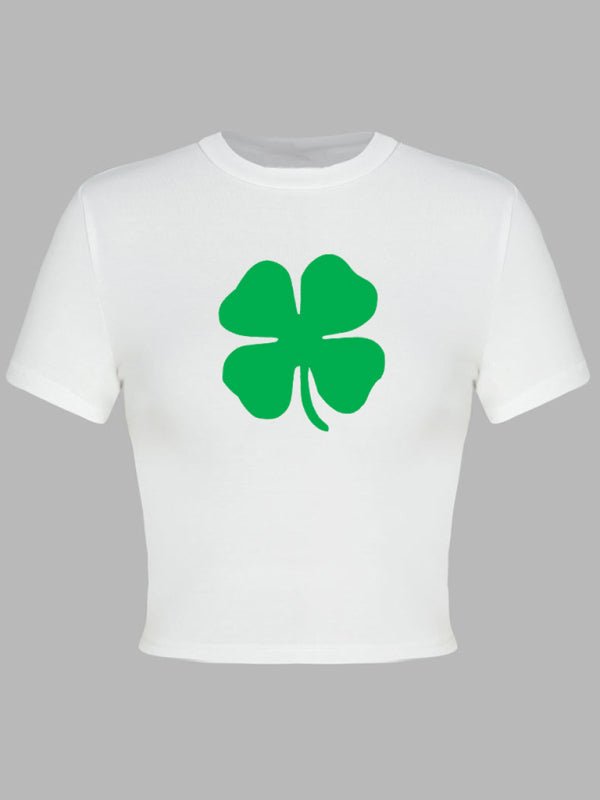 Women's St. Patrick's Day Green Leaf Print Round Neck Short T-Shirt (Multiple Pictures Available) - Top