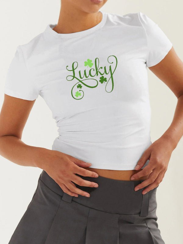 Women's St. Patrick's Day Green Leaf Print Round Neck Short T-Shirt (Multiple Pictures Available) - Top