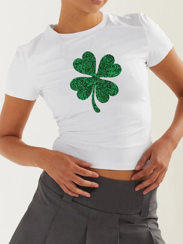 Women's St. Patrick's Day Green Leaf Print Round Neck Short T-Shirt (Multiple Pictures Available) - Top
