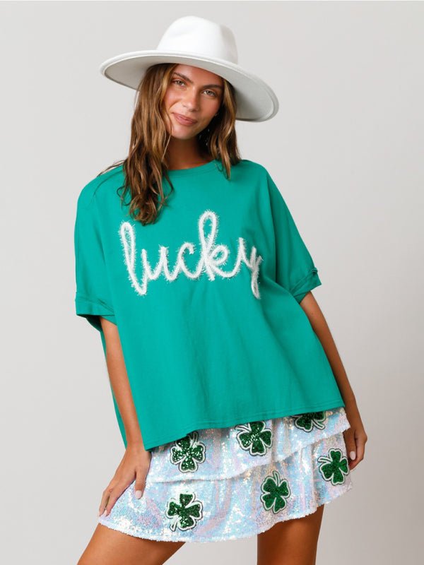 Women's St. Patrick's lucky sequined top loose T-shirt - Top