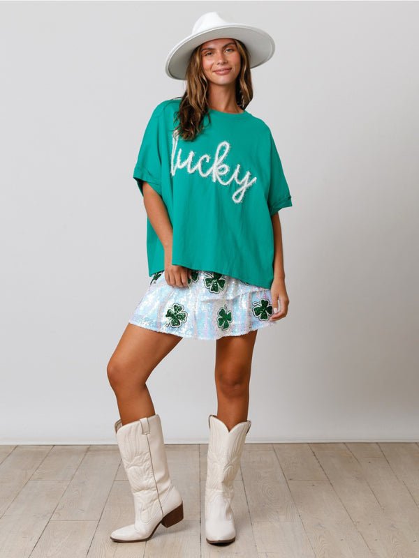 Women's St. Patrick's lucky sequined top loose T-shirt - Top