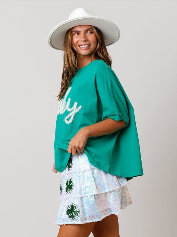 Women's St. Patrick's lucky sequined top loose T-shirt - Top