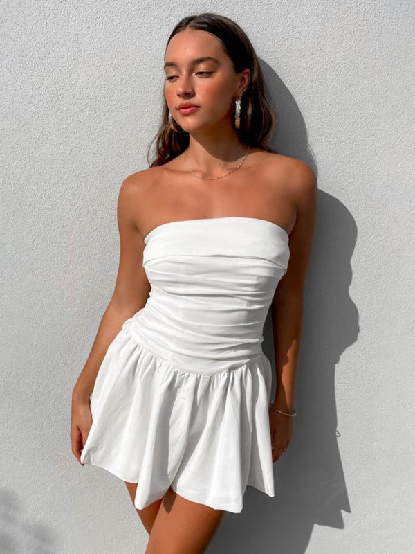 Women's strapless pleated solid color short dress - Party Dress