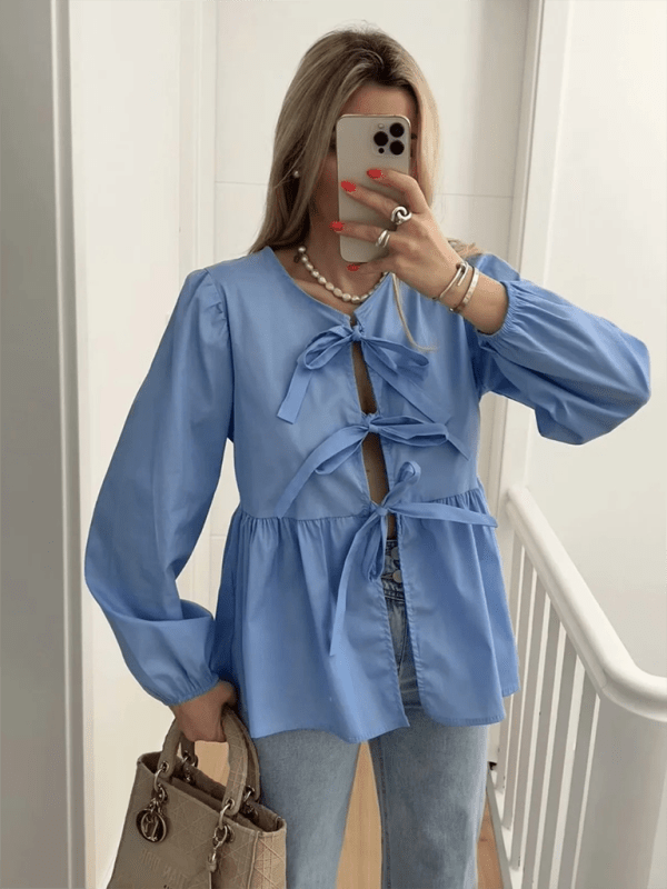 Women's Street Fashion Bow Long Sleeve Shirt - Top