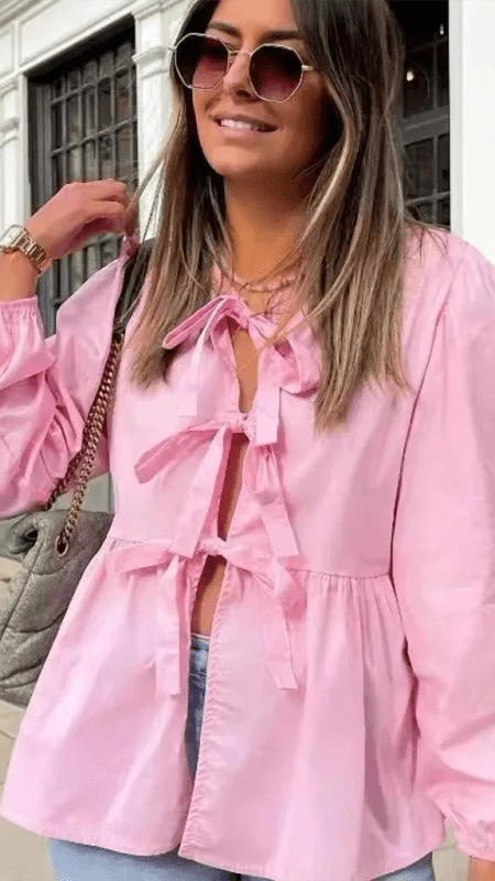 Women's Street Fashion Bow Long Sleeve Shirt - Top