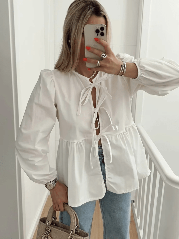 Women's Street Fashion Bow Long Sleeve Shirt - Top