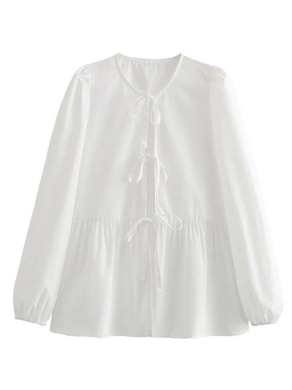 Women's Street Fashion Bow Long Sleeve Shirt - Top