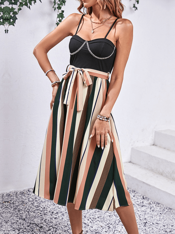 Women's striped patchwork suspender dress - Party Dress