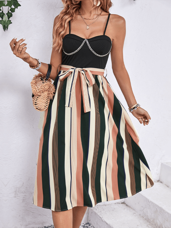 Women's striped patchwork suspender dress - Party Dress