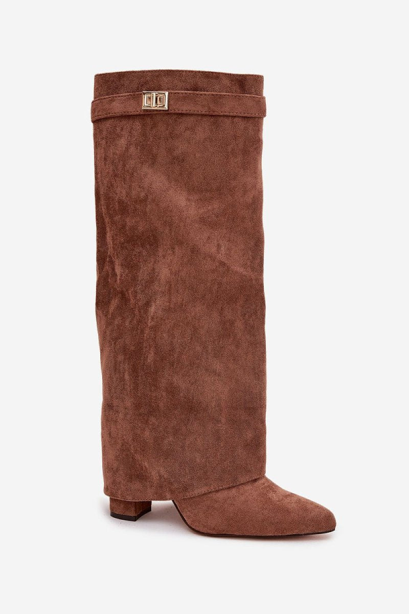 Women's Suede Heel Boots with Rolled Shaft - 
