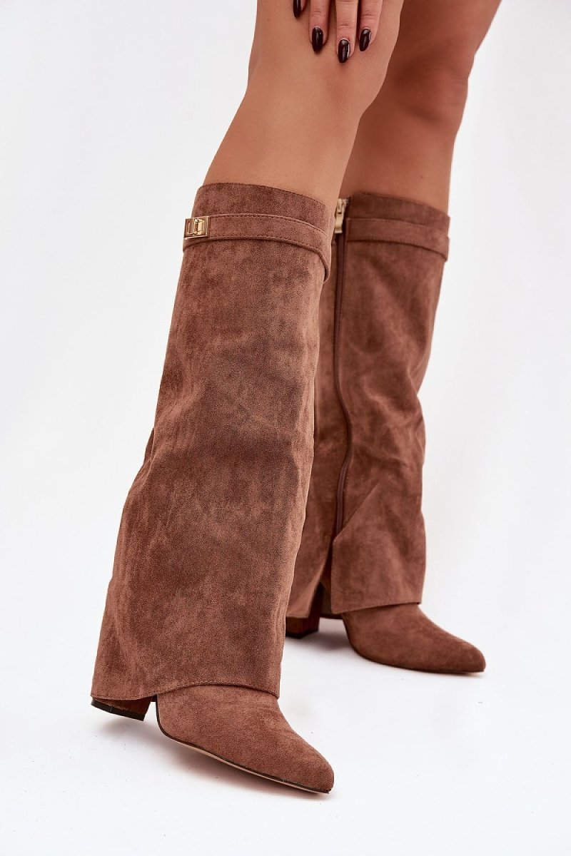 Women's Suede Heel Boots with Rolled Shaft - 