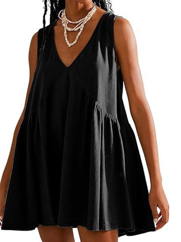 Women's suspender skirt V - neck sleeveless pleated vest pocket dress - Vacation Dress