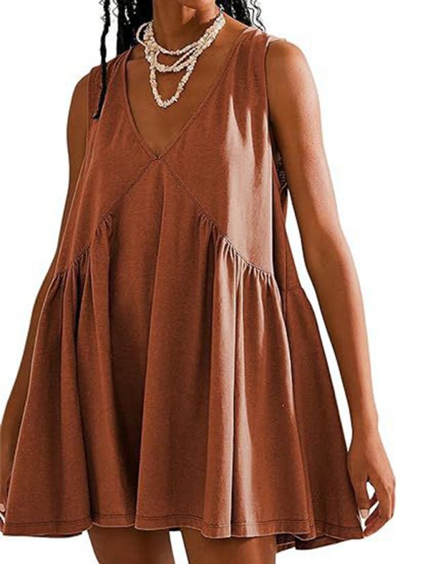 Women's suspender skirt V - neck sleeveless pleated vest pocket dress - Vacation Dress
