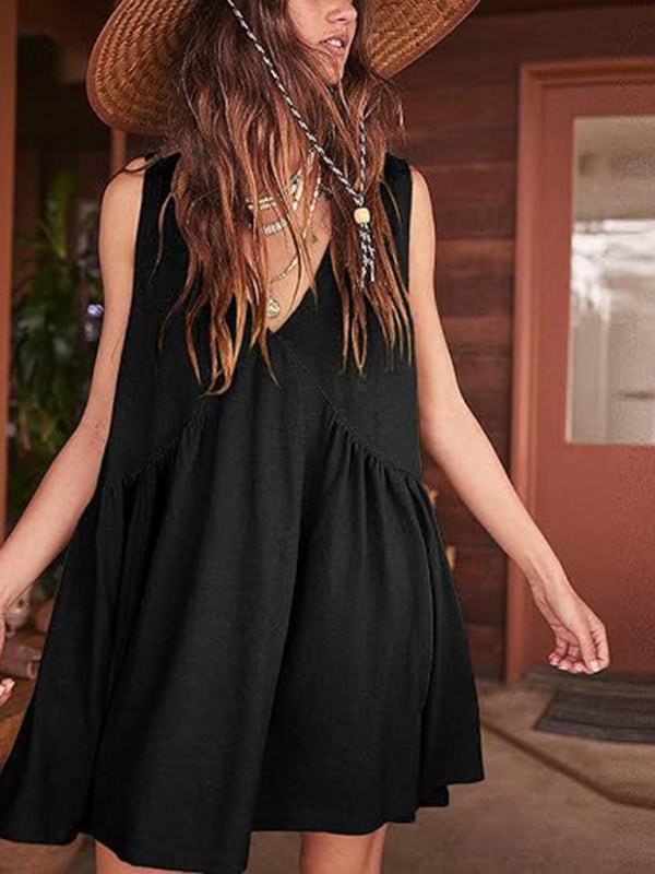 Women's suspender skirt V - neck sleeveless pleated vest pocket dress - Vacation Dress