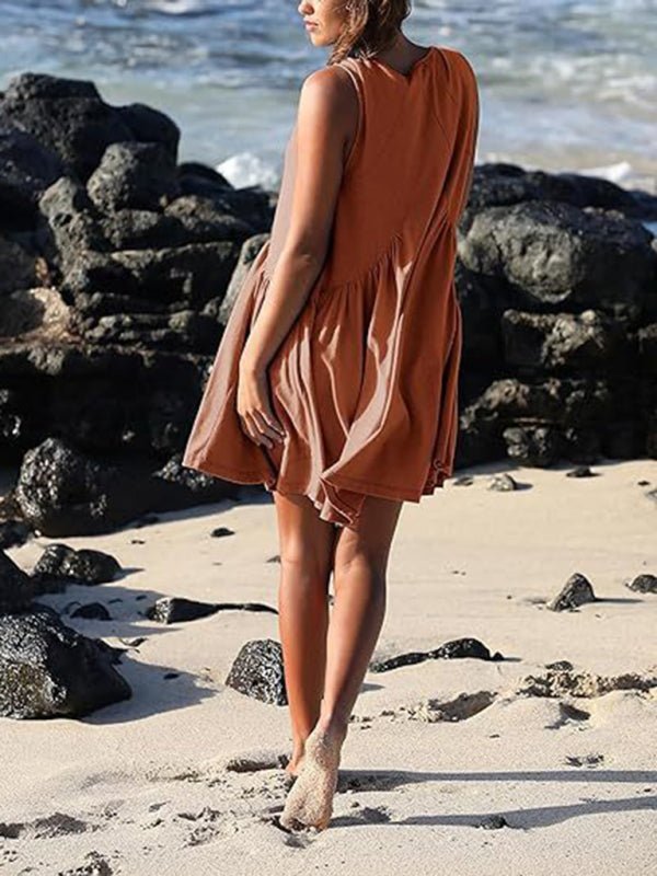 Women's suspender skirt V - neck sleeveless pleated vest pocket dress - Vacation Dress