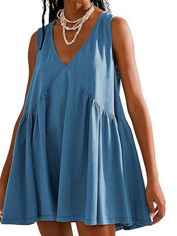 Women's suspender skirt V - neck sleeveless pleated vest pocket dress - Vacation Dress