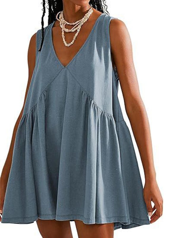 Women's suspender skirt V - neck sleeveless pleated vest pocket dress - Vacation Dress