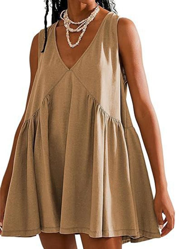 Women's suspender skirt V - neck sleeveless pleated vest pocket dress - Vacation Dress