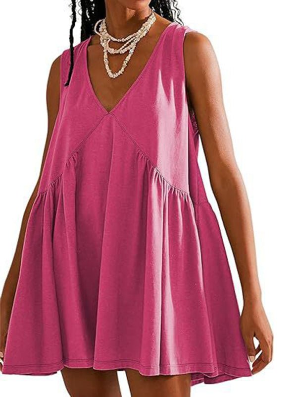 Women's suspender skirt V - neck sleeveless pleated vest pocket dress - Vacation Dress