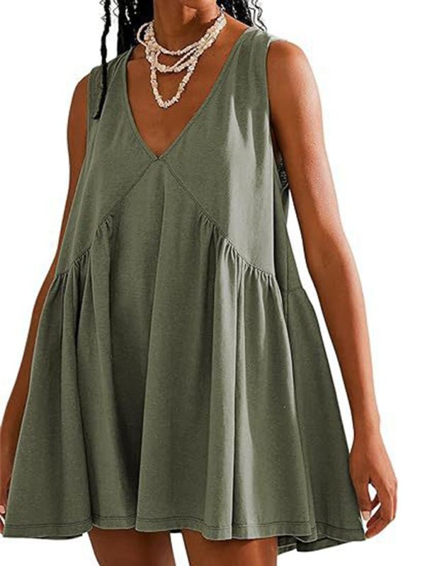 Women's suspender skirt V - neck sleeveless pleated vest pocket dress - Vacation Dress