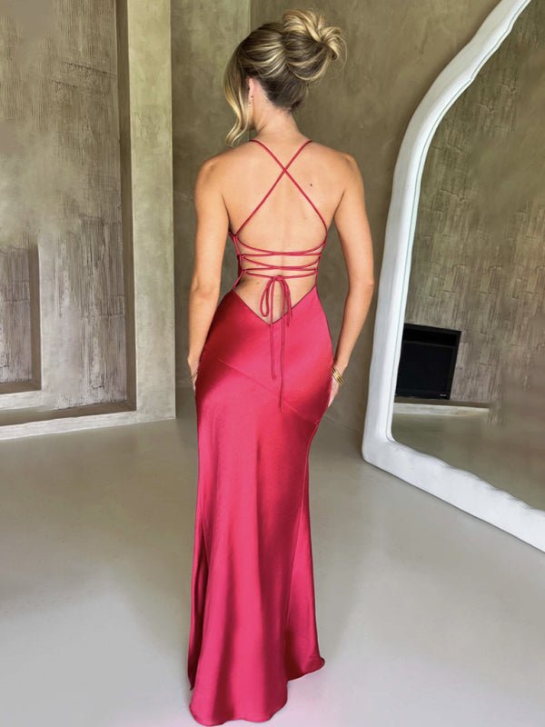 Women's suspender V - neck satin slit sexy backless long dress - Nightout dress