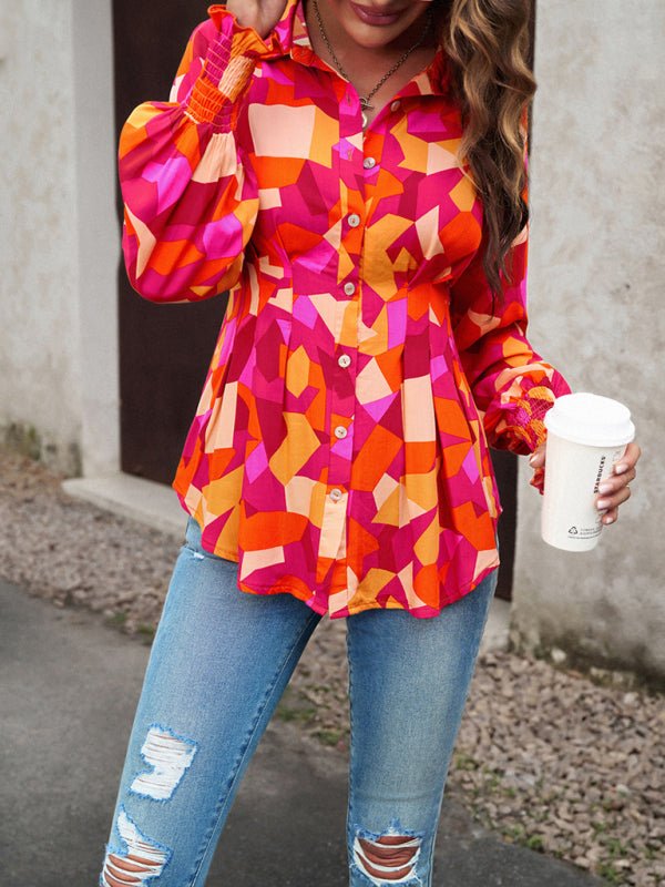 Women's Temperament Commuter Printed Long Sleeve Shirt - Top
