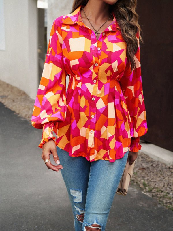 Women's Temperament Commuter Printed Long Sleeve Shirt - Top