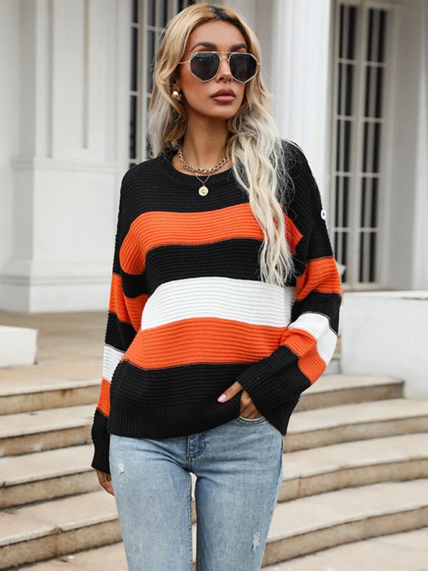 women's thin long sleeve loose striped knitted sweater - Outerwear