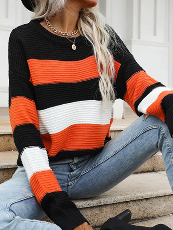 women's thin long sleeve loose striped knitted sweater - Outerwear