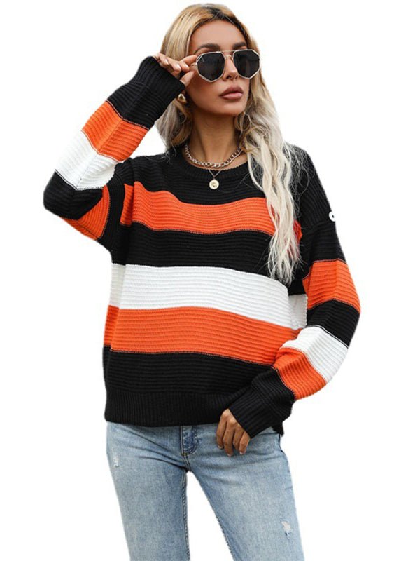 women's thin long sleeve loose striped knitted sweater - Outerwear