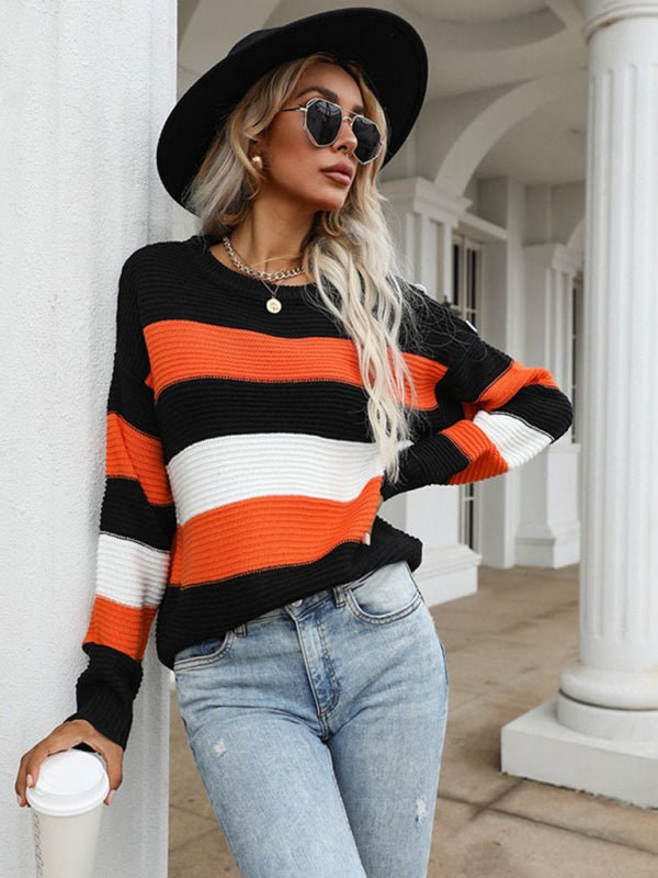 women's thin long sleeve loose striped knitted sweater - Outerwear