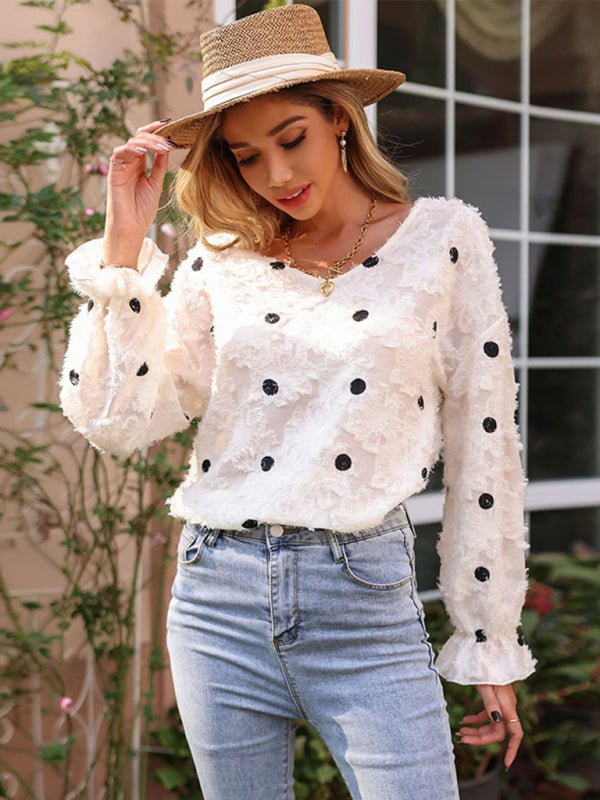 Women's Top Long Sleeve V Neck Polka Dot White Shirt - Top