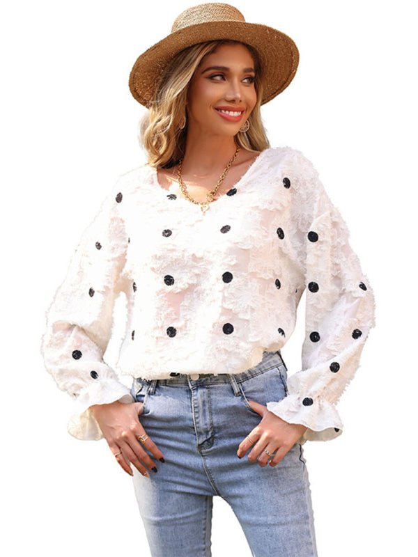 Women's Top Long Sleeve V Neck Polka Dot White Shirt - Top