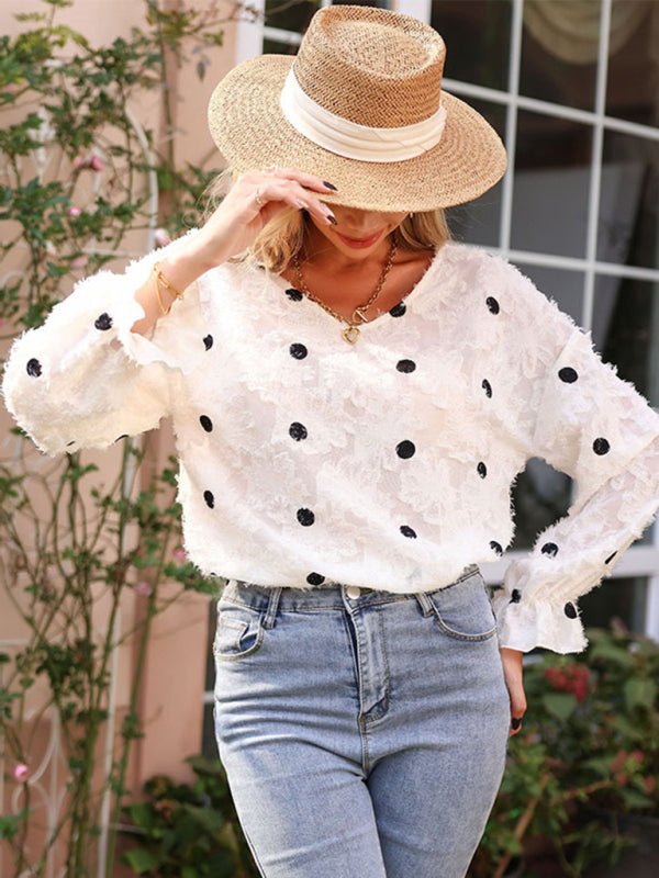 Women's Top Long Sleeve V Neck Polka Dot White Shirt - Top