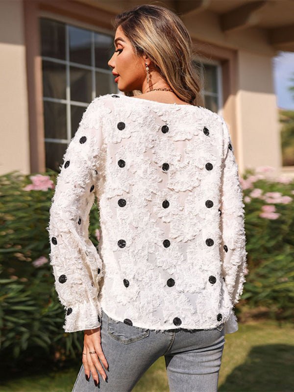 Women's Top Long Sleeve V Neck Polka Dot White Shirt - Top